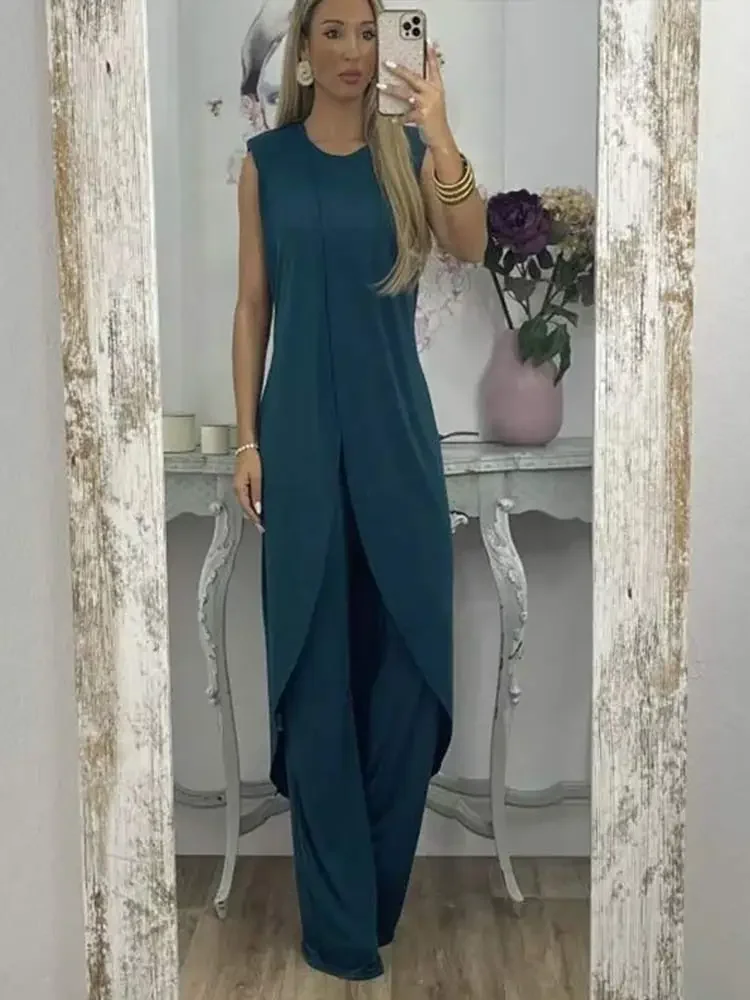 Casual Solid Two-piece Set For Women Fashion Round Necked Sleeveless Long Top Loose Pants Suit 2023 Elegant Lady Chic Outfits