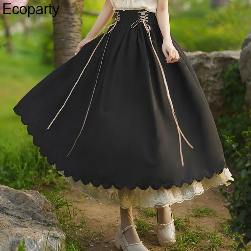 Renesansowa elegancka długa spódnica w stylu Vintage dla kobiet dwuwarstwowa z wysokim stanem, patchworkowa duża huśtawka spódnica w kształcie linii Femme sukienka Lolita — zdjęcie 7