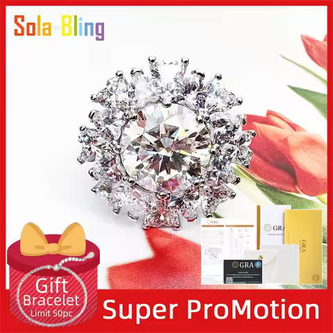 Sola-Bling 5ct Moissanite Ring 100% Pass Diamond Tester Pen 925 Sterling Silver Rings with Gra Certificate for Women Jewelry