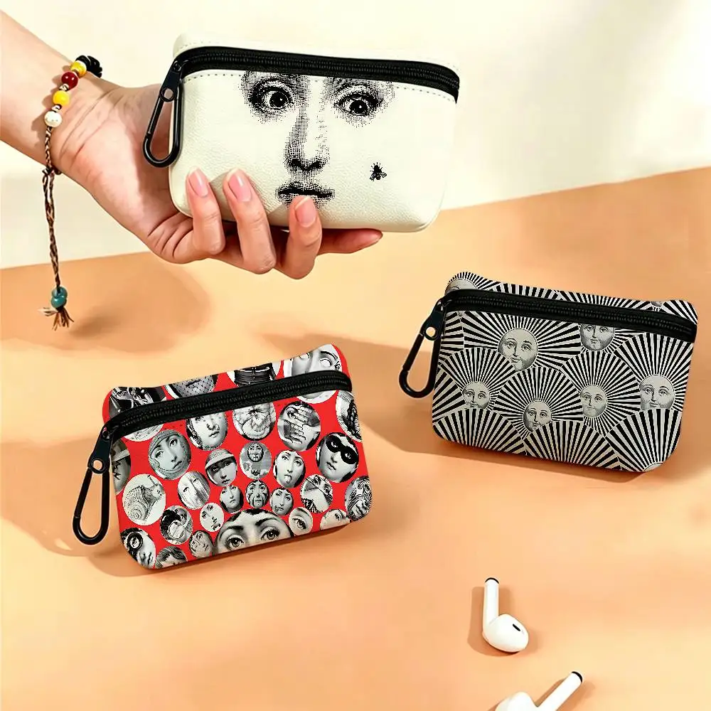 Face Art P-Piero F-Fornasetti Portable Oxford Fabric Mini Wallet Carabiner Design Small Coin Bag For Cards Keys Earphones
