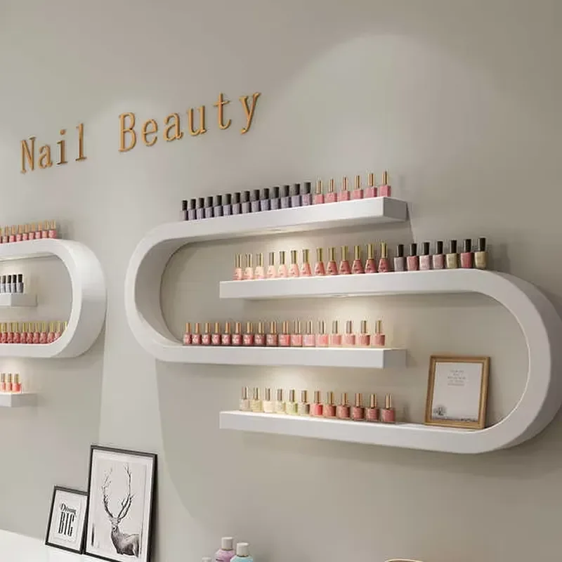 Modern Salon Wall-Mounted White Wood Nail Polish Wall Display Rack