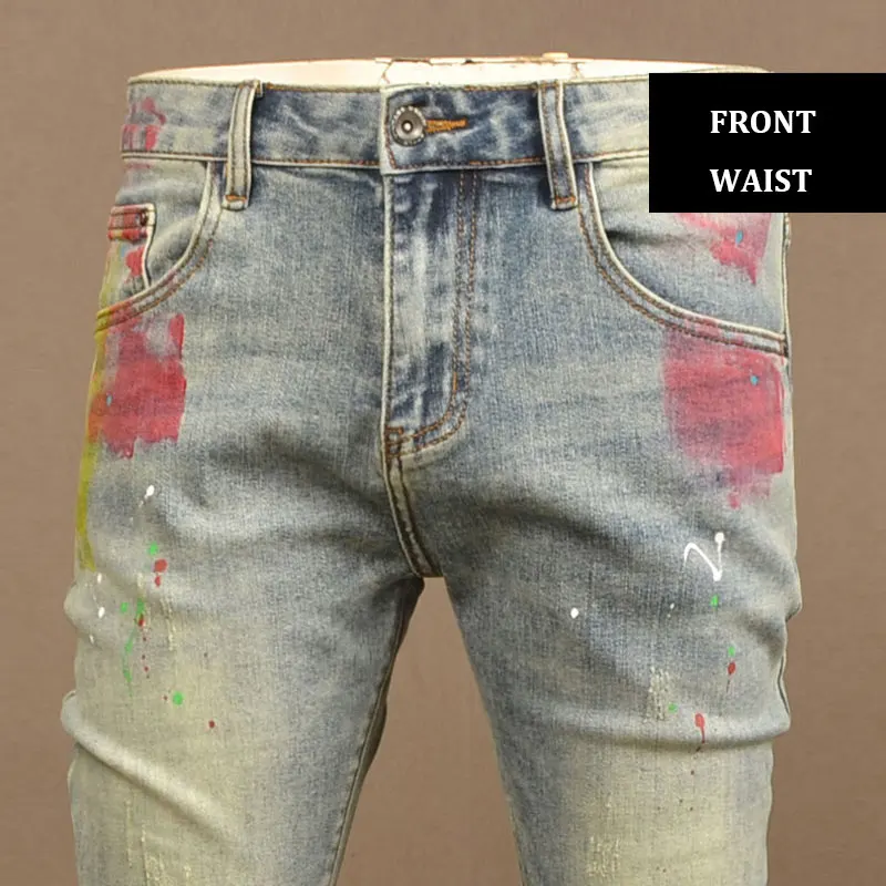 Street Fashion Men Jeans Retro Washed Blue Stretch Skinny Fit Ripped Jeans Men Painted Designer Hip Hop Denim Pencil Pants