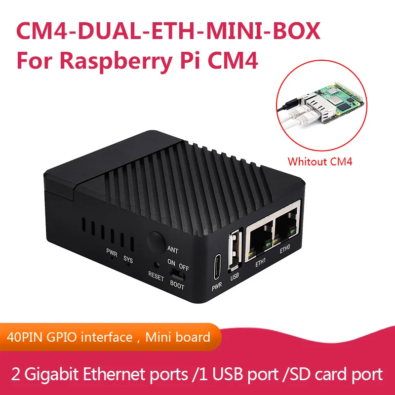 Mini Dual Gigabit Ethernet Base Board CM4-Dual-ETH-MINI-BOX Designed for Raspberry Pi Compute Module 4, 40PIN GPIO Interface