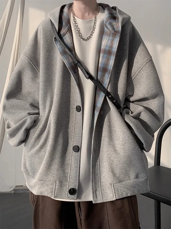 

Japanese Sle Hooded Open Cardigan Men's Autumn Winter Casual Heavyweight Plaid Jaet Loose Sli Versatile Top