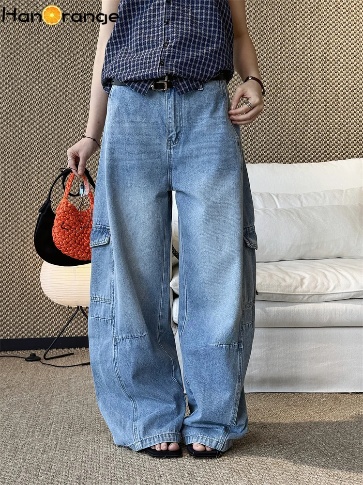 HanOrange 2026 Summer Retro Distressed Washed Side Pockets Patchwork Jeans Women Loose Straight Denim Pants Blue/Khaki