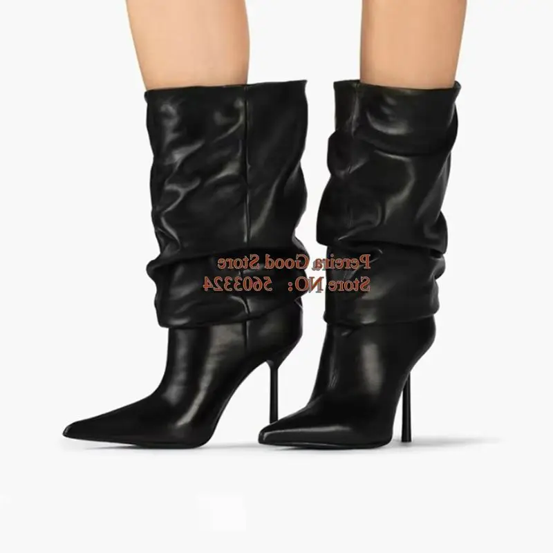 Modern Pleated Mid Calf Boots Red Black Leather PU Pointy Toe Thin Heels Female Runway Shoes Slip On Formal Footwears