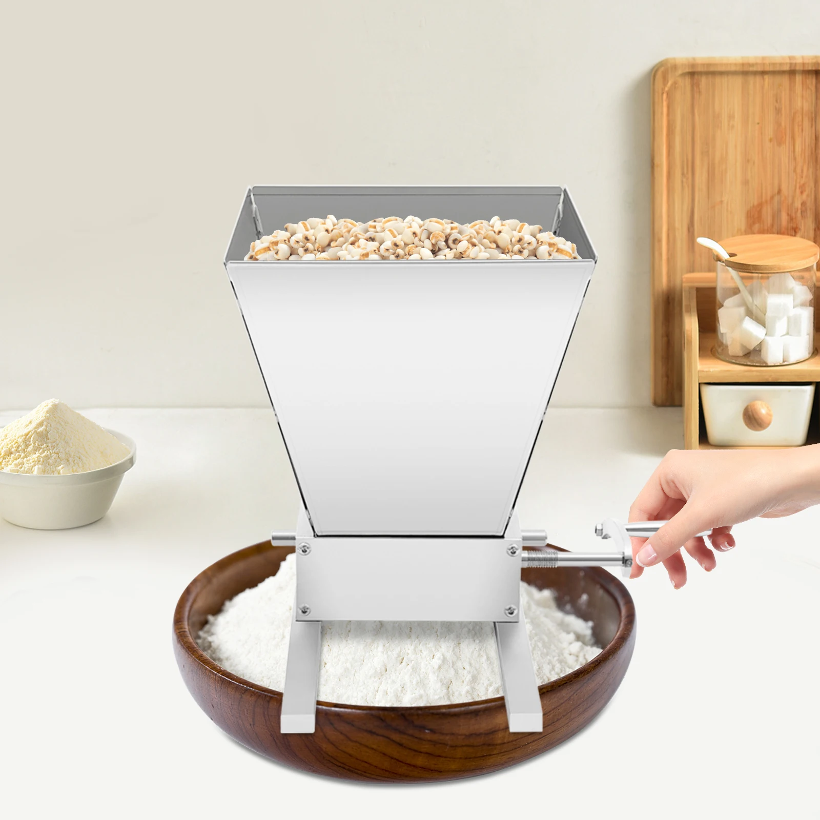 โรงสีเมล็ดพืชแบบแมนนวล 4 ลิตร, ช่องว่างลูกกลิ้งแบบปรับได้พร้อมแท่งอลูมิเนียม 2 อัน, เครื่องบดเมล็ดพืชสําหรับข้าวสาลีข้าวบาร์เลย์และธัญพืช - วิธีการบด 2 แบบ