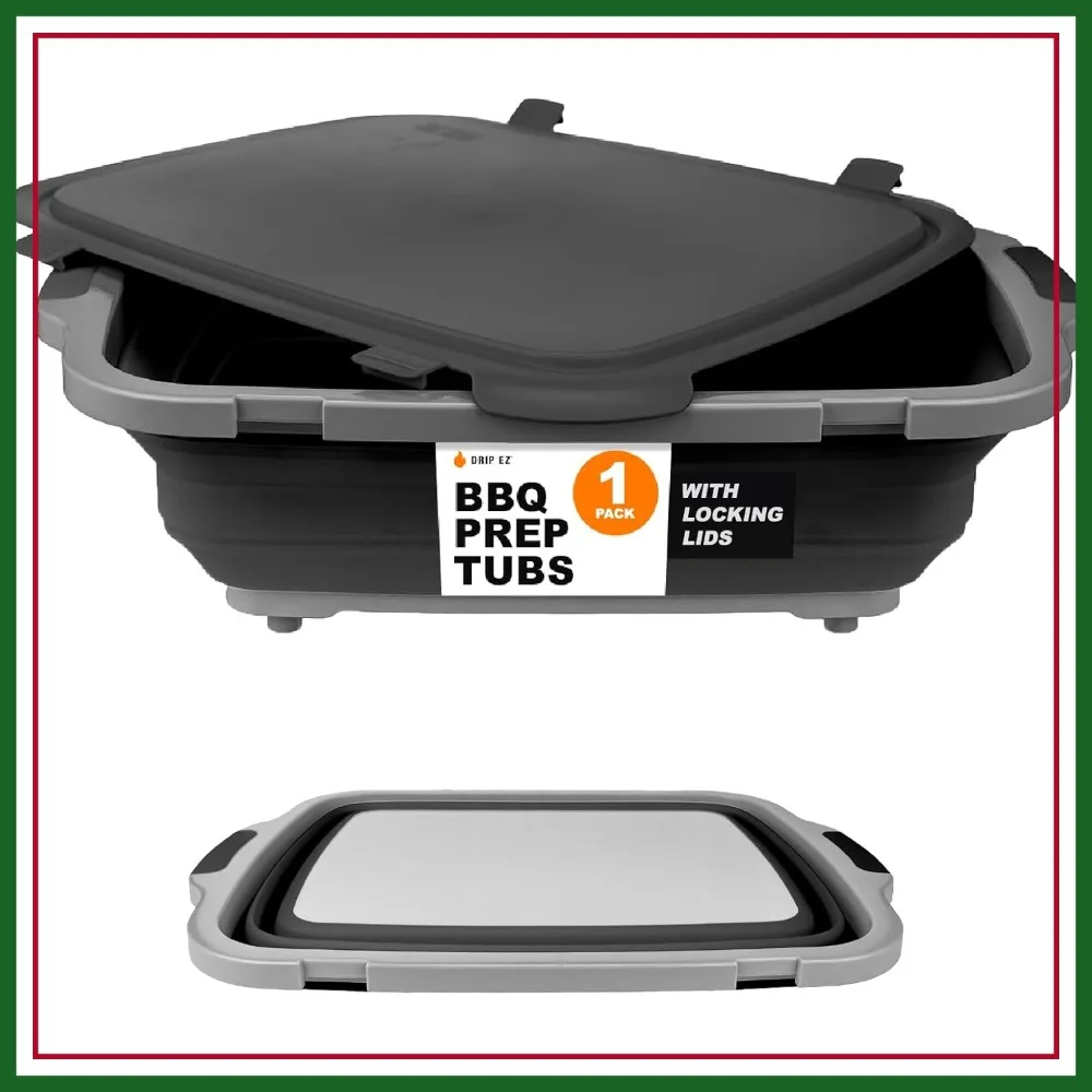 

Collapsible BBQ Prep Tub - Meal Prep Marinating Food Storage - Includes Cutting Board & Locking Lid - XL Black