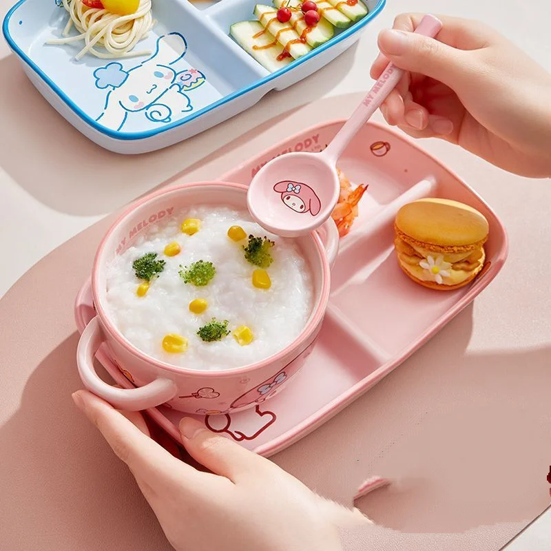 

Разделительная тарелка для завтрака Sanrio, набор столовых приборов для одного человека, Hellokitty Kawaii, красивая керамическая детская тарелка, миска для еды, бытовая