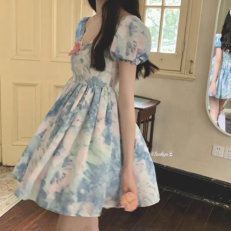 Summer Cute Sweet Puff Sleeve Lolita A Line Mini abiti per le donne Tie Dye One Word Collar Bow Mori Girl Princess Dress Vestidos