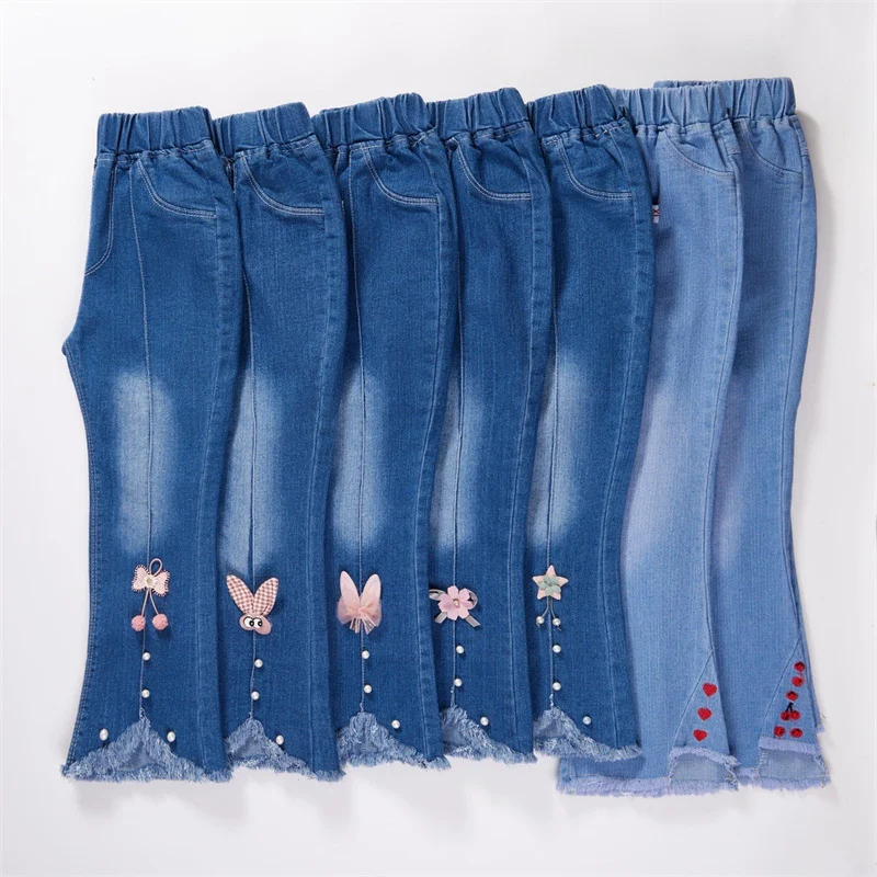 Girls Jeans Fashion Bow Bead String Elastic Waistline Denim Flared Pants Trousers Kids Spring Autumn Girl Princess Clothes 1-12Y