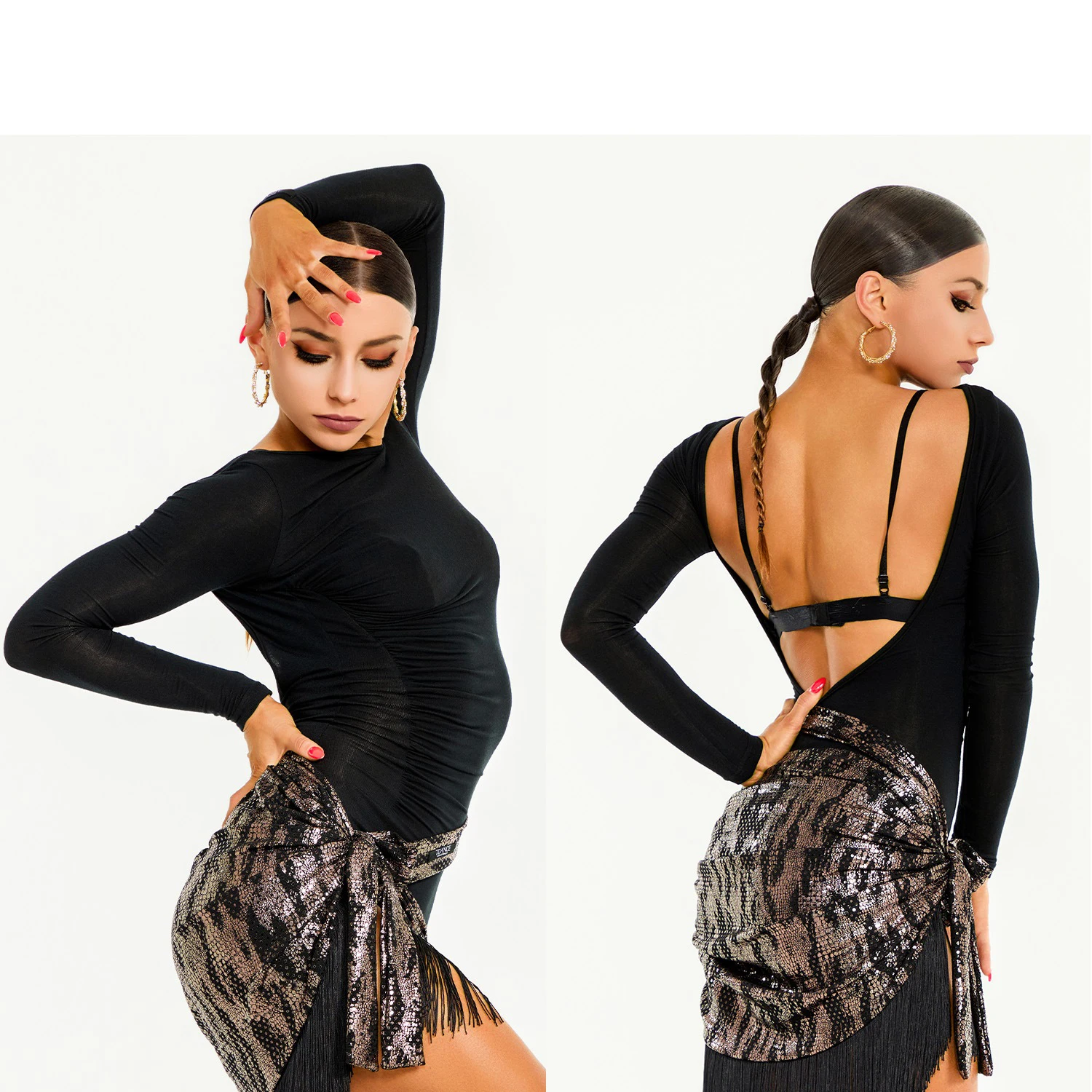

2025 New Latin Dance Clothes Women Backless Black Tops Fringe Skirt Adult Club Rumba Cha Cha Dance Practice Clothing DNV22353