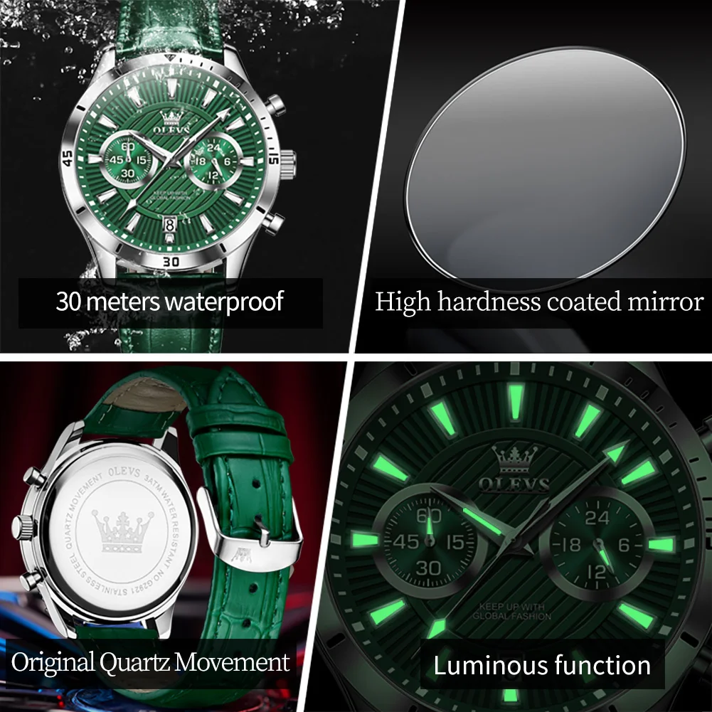 OLEVS Brand Fashion Green Quartz Watch for Men Leather Waterproof Luminous Calendar Luxury Chronograph Watches Relogio Masculino