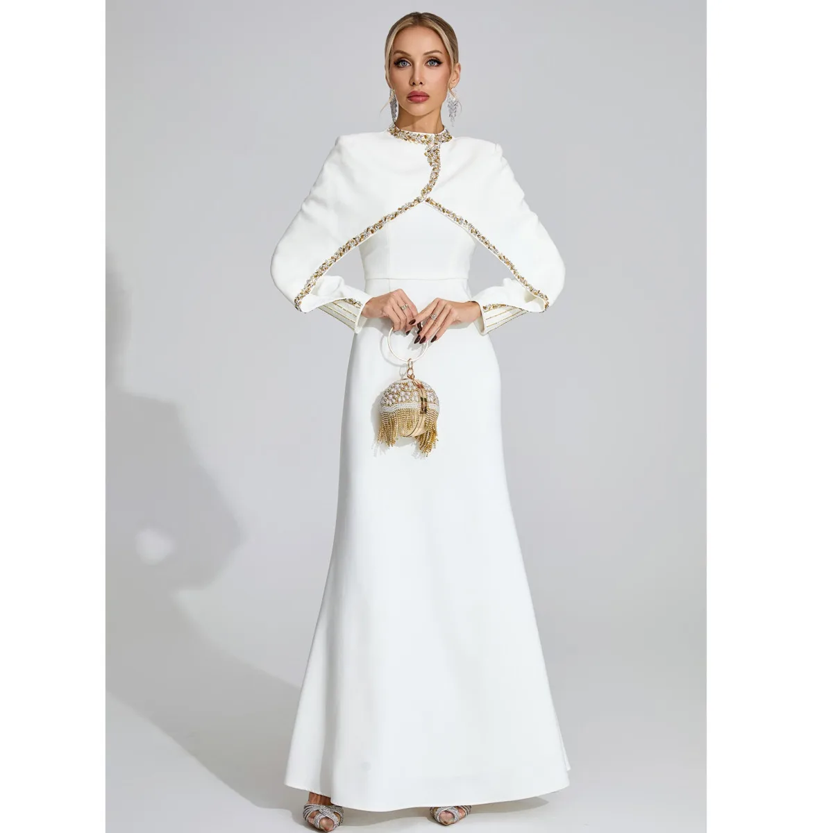 BJTZ 가을 셀러브리티 이브닝 가운 배트 슬리브 크리스탈 비즈 장식 플로어 길이 드레스 캐주얼 편안한 우아한 미니멀리스트 프리미엄 파티웨어