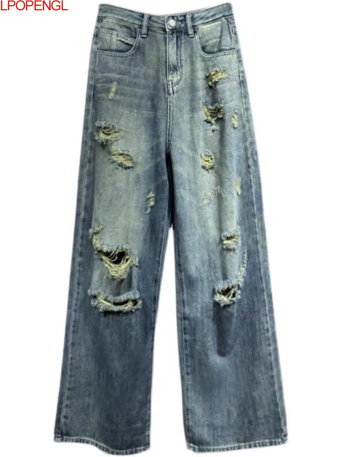 High Street Ripped Drapey Casual Jeans 2025 Spring New High-waisted Loose Straight-leg All-match Wide-leg Floor Mopping Pants