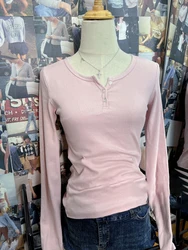 Camisetas de manga comprida com três botões com nervuras, algodão macio, gola O, top vintage, feminina, doce, fofa, rosa, streetwear, Y2K, outono