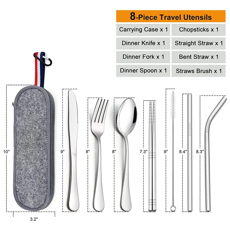 8-Piece Portable Travel Utensils Set With Gray Case, Stainless Steel Reusable Silverware Flatware Cutlery Set