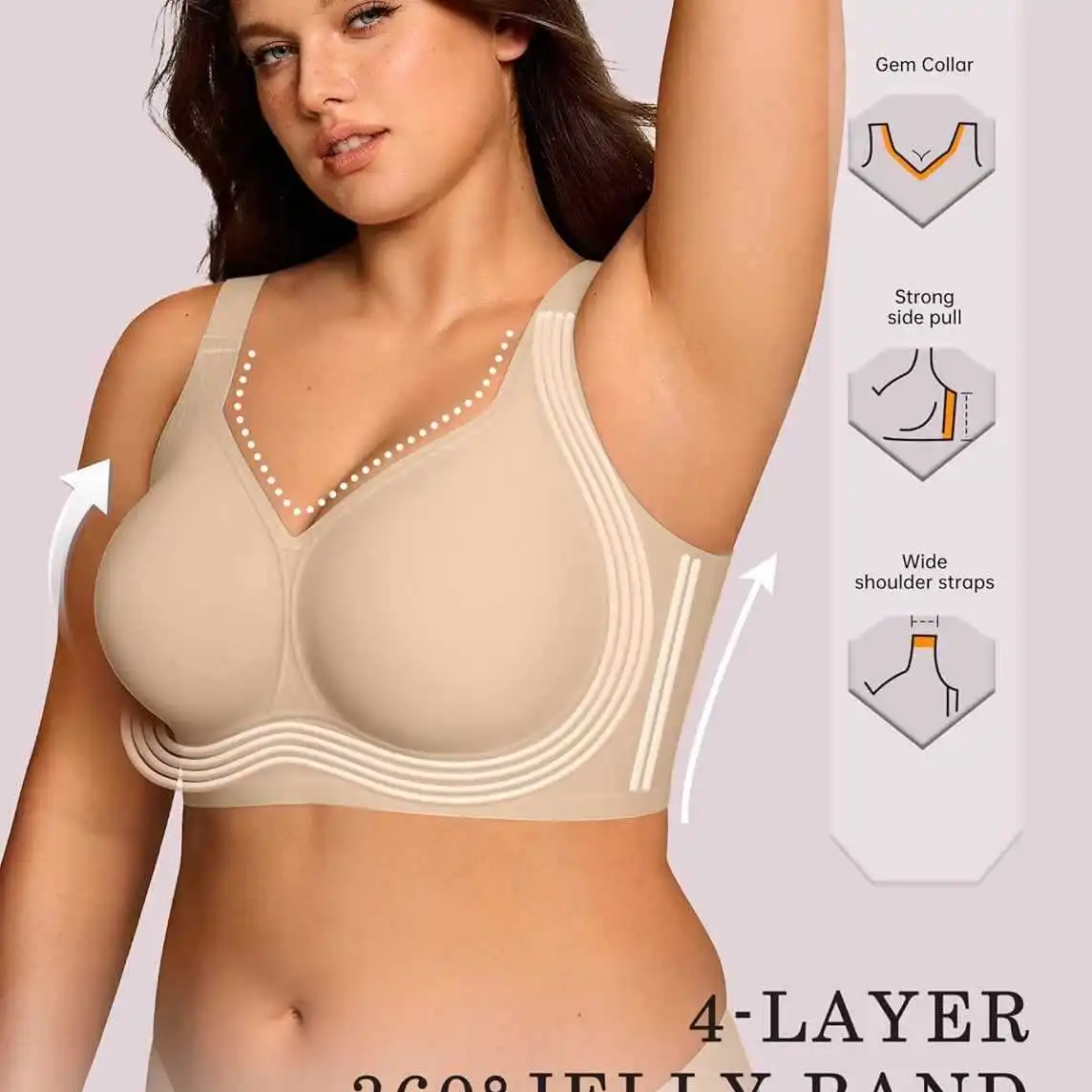 Damen Jelly Plus Size Nahtloser und Bügelloser BH, Stützender Vollschalen-BH, Weich, Bequem und Atmungsaktiv, Drahtloser Push-Up-BH – Detail 3