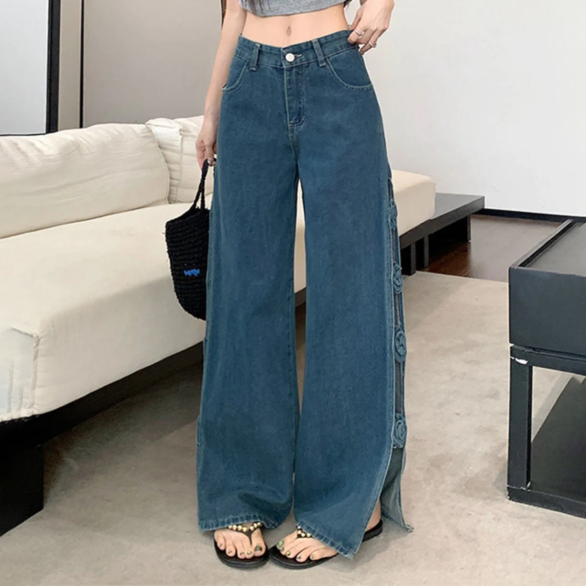 KWTX 2025 جينز نسائي أزرق عتيق بأرجل واسعة ثلاثي الأبعاد مزهّر بفتحة عالية مثير نمط الشارع أنيق مريح ربيع خريف جديد #6