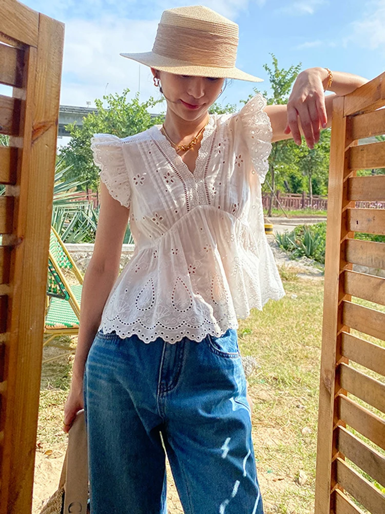 GypsyLady French Chic Summer Blouse Shirt White 100% Cotton Hollow Out V-neck Sexy Blouse Vocation Women Ladies Casual Tops New