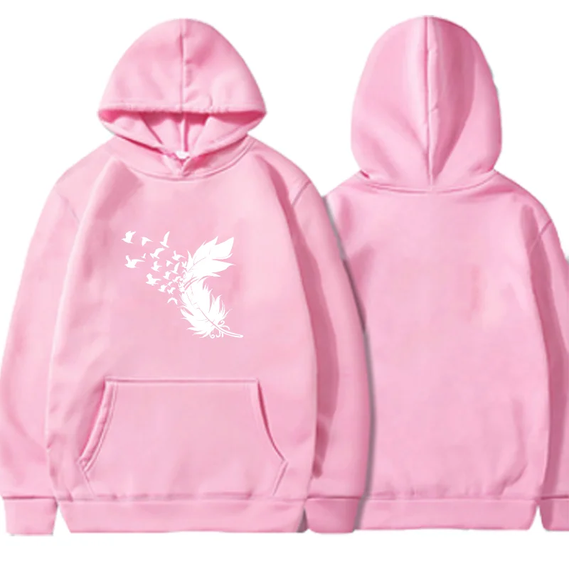 2024 Womens New Autumn Casual Hoodie, Solid Color Long Sleeve Basic Large Pocket Hoodied Fashion Casual Feather Printed Warm Top