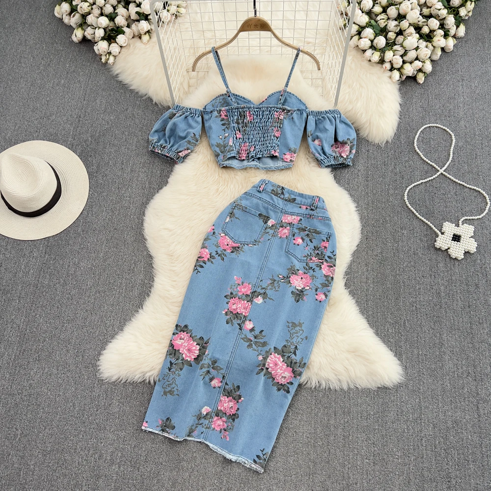 Fashion Floral Print Denim Skirt Set Spaghetti Strap Crop Tops Irregular Slim Split Skirt Summer Women 2Pcs Suits