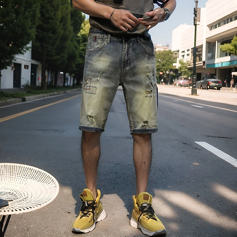 

American Retro Hole Denim orts Men's Summer New Slim Straight Leg Pants Faded Wa Five-Point Pants Casual Jeans