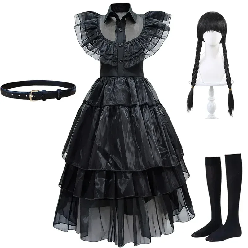 

Wednesday Addams Dress Up Costume for Girls Birthday Halloween Cosplay Party Dress with Wig Socks Belts For Kids 2-12 Years