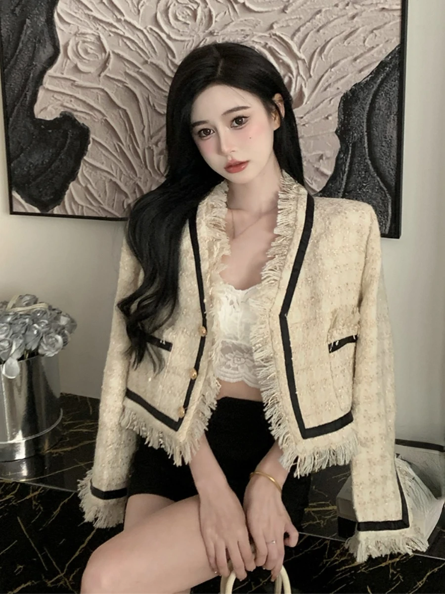 2024 Spring Fall Women Tassel Ripped Plaid Elegant Coat , Woman Office Lady Autumn Fashion Fashion Korean Patchwork Beige Coats