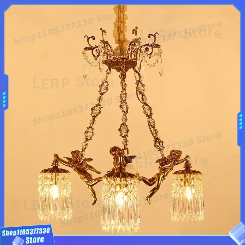 Vintage Gold Metal Chandelier with Cupid Statue Crystal Rods LED 2700K Warm Light Classic Ceiling Lamp for European