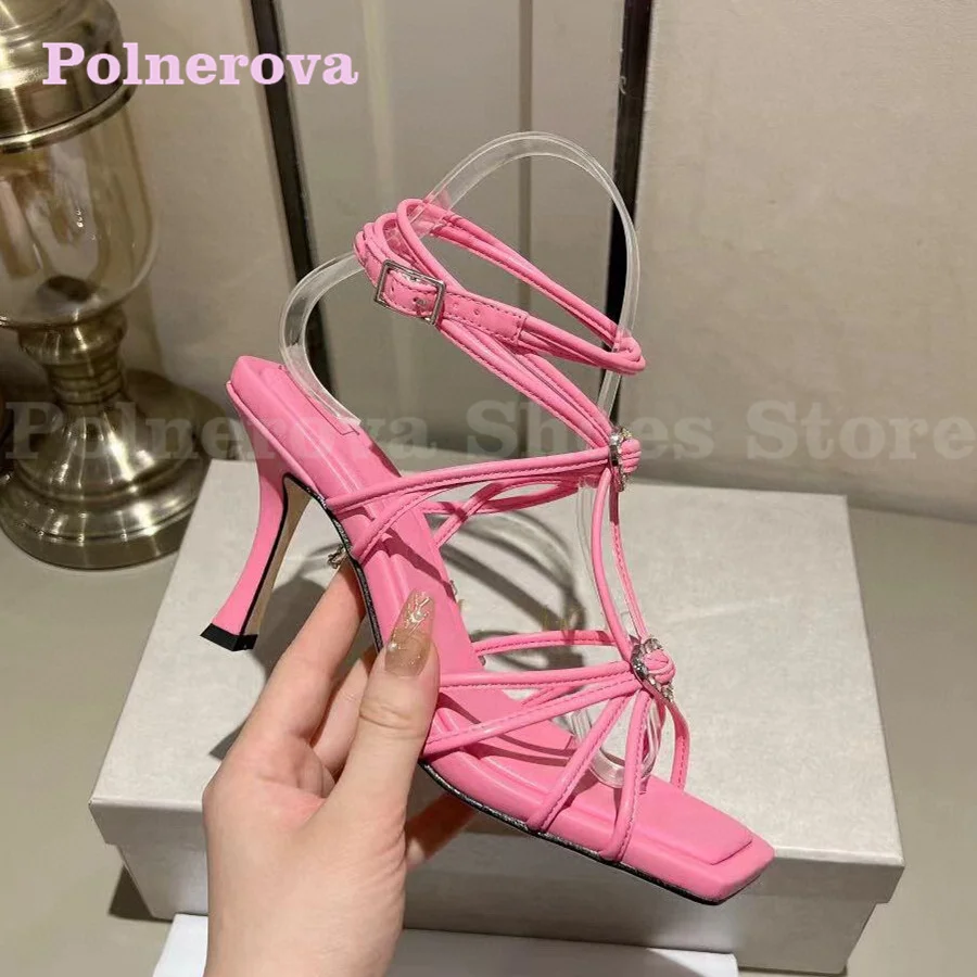 

Rhinestone Heart-Shaped Buckle High-Heeled Shoes Square-Toe Sandals Open-Toed Sandals Summer New Brand Designer Wedding Shoes