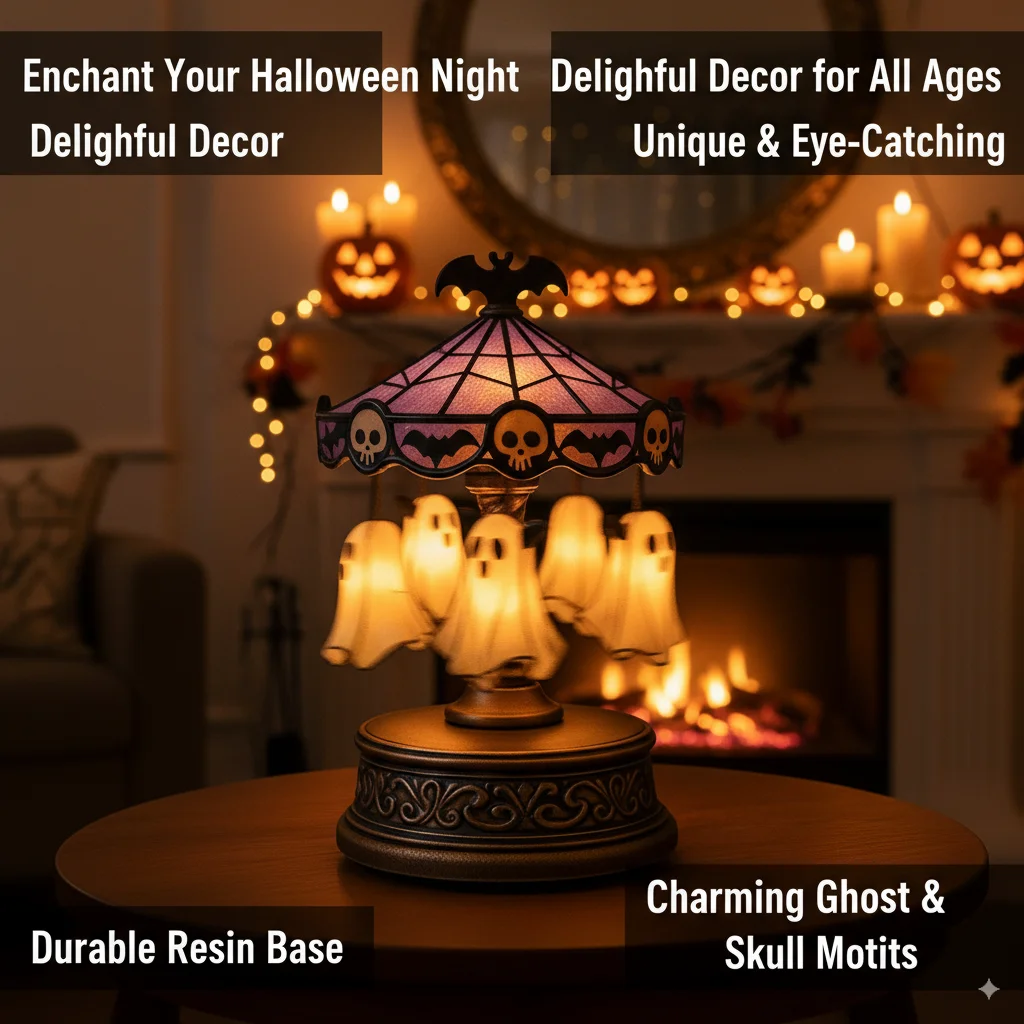 

Light Up Ghost Carousel Lamp Halloween Spooky Decoration Floating Ghost Indoor Table Desk Light Haunted House Home Room Decor