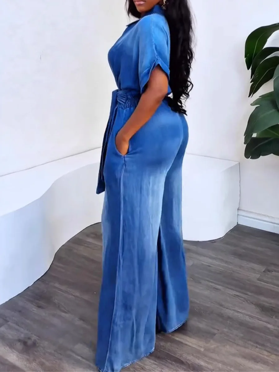 ZIML Tute larghe in pizzo impiombato di colore di successo per le donne Risvolto Manica corta Vita alta Temperamento Tute chic Moda femminile