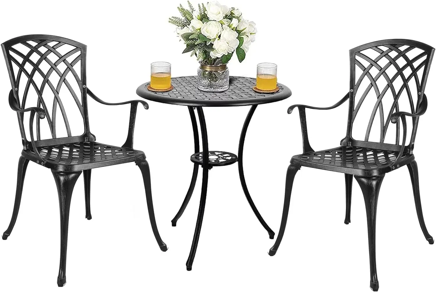 

3 Piece Patio Bistro Set Cast Aluminum Bistro Table Set Outdoor Round Dining Table with Umbrella Hole for Porch, Lawn, Garden