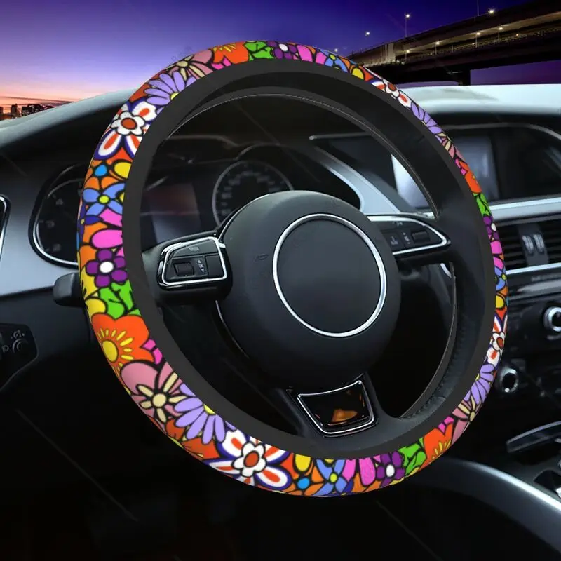 Hippie Flowers Car Steering Wheel Cover for Women 15 Inch Universal Steering Wheel Auto Protector Accessories Interior Decor