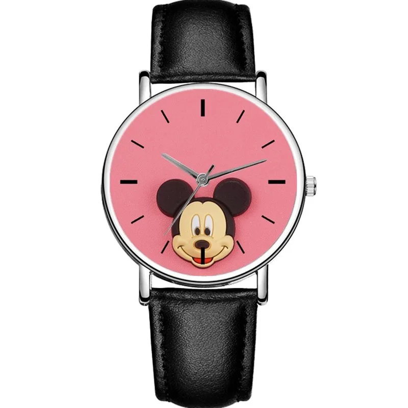 New Disney Pink Cartoon Mickey Children\'s Watch Pu Leather Strap Student Quartz Watch kids watches girls birthday gifts