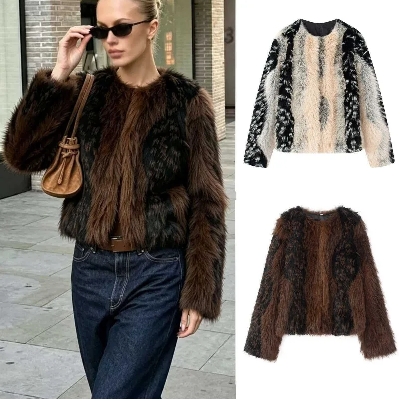 Faux Fur Coat Casual Round Neck Long-sleeved Color Block Fluffy Warm Coats 2026 Winter Chic Daily Street Jacket Women's Clothing