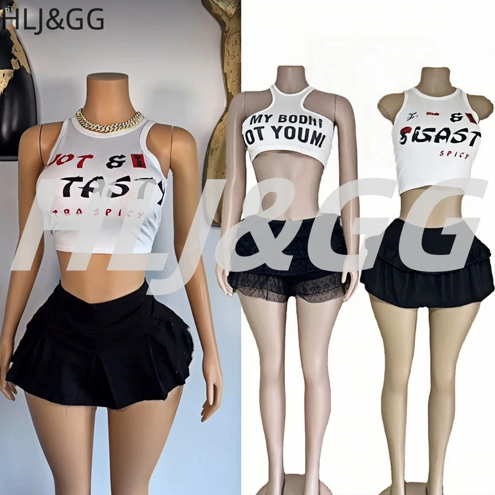 

HLJ&GG Fashion Hot Girl Y2K Letter Print Tank Top Two Piece Sets Women O Neck Sleeveless Slim Vest + Pleated Mini Skirts Outfits