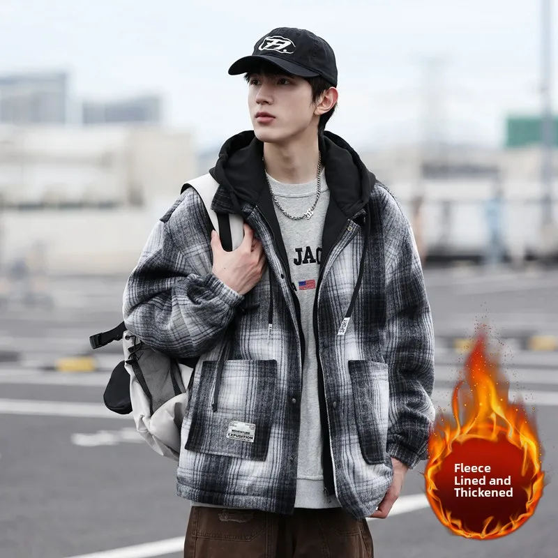 

Ретро-куртка из фланели в клетку для мужчин, осенне-зимняя, новая, повседневная, модная, черно-белая, с флисовой подкладкой, с капюшоном