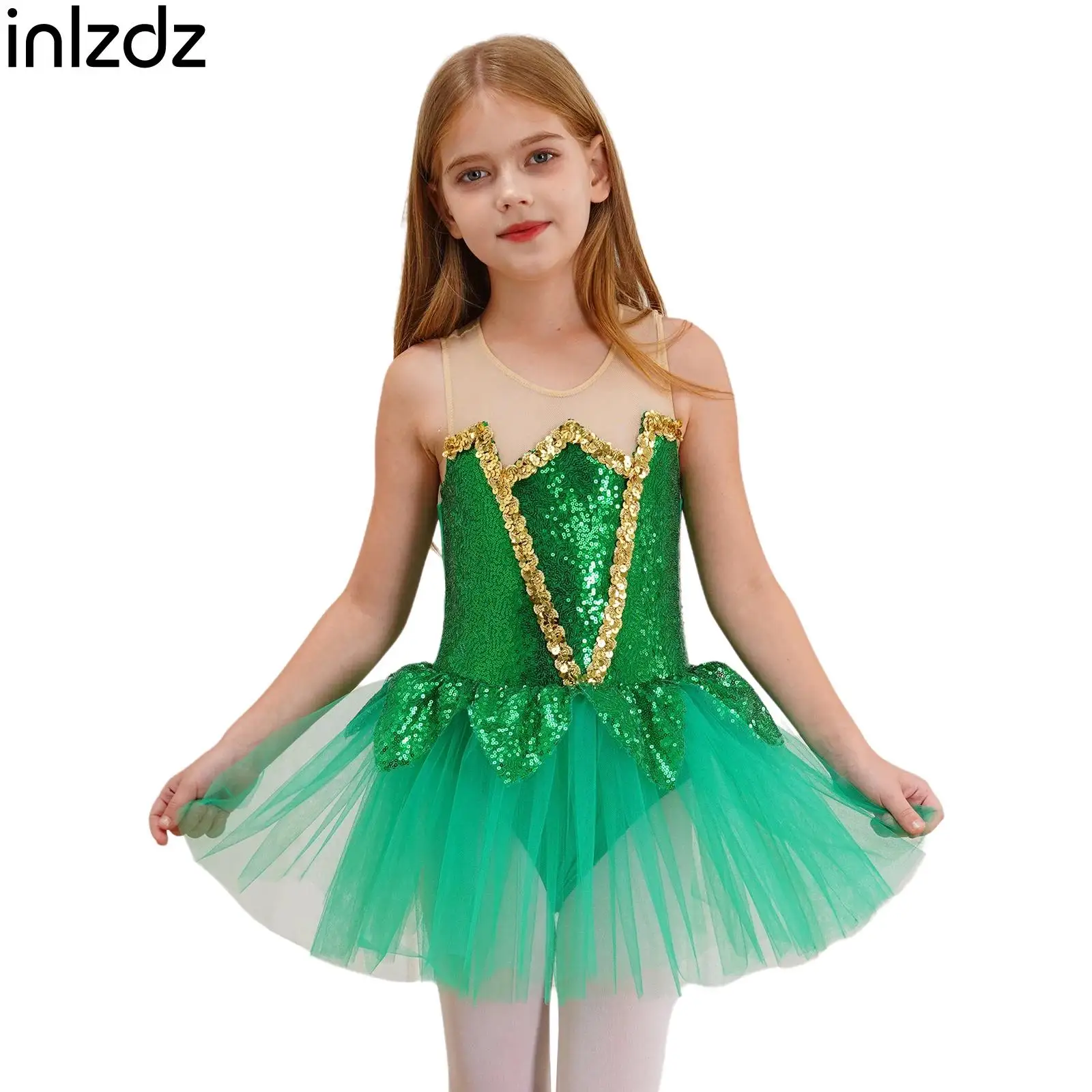 

Girls Ballet Dance Dress Green Sequins Halloween Elf Mesh Tutu Gymastics Leotard Figure Skating Dance Performance Costume