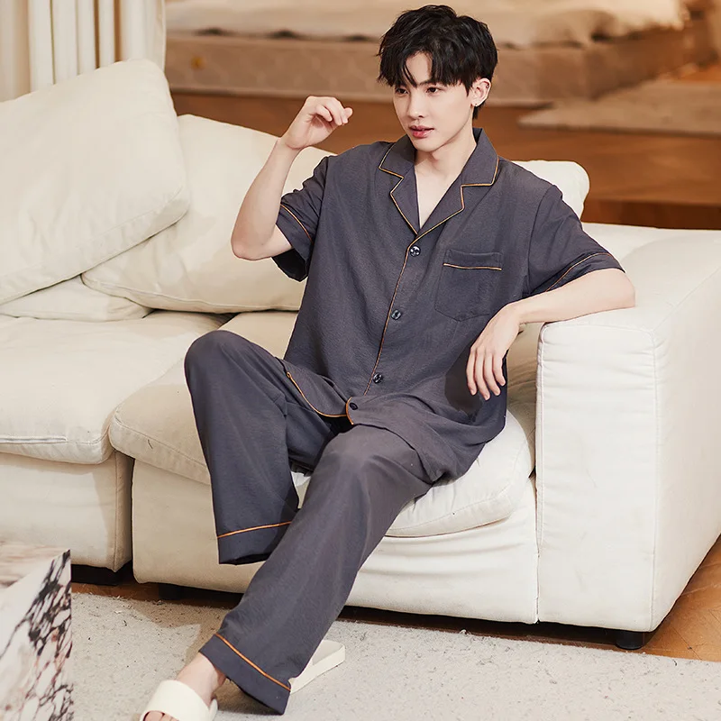 

Men's Cloud Cotton Pajamas Men's Four Seasons Thin Section of Long Pants Short-sleeved Home Leisure Simple Pajamas Gentlemen