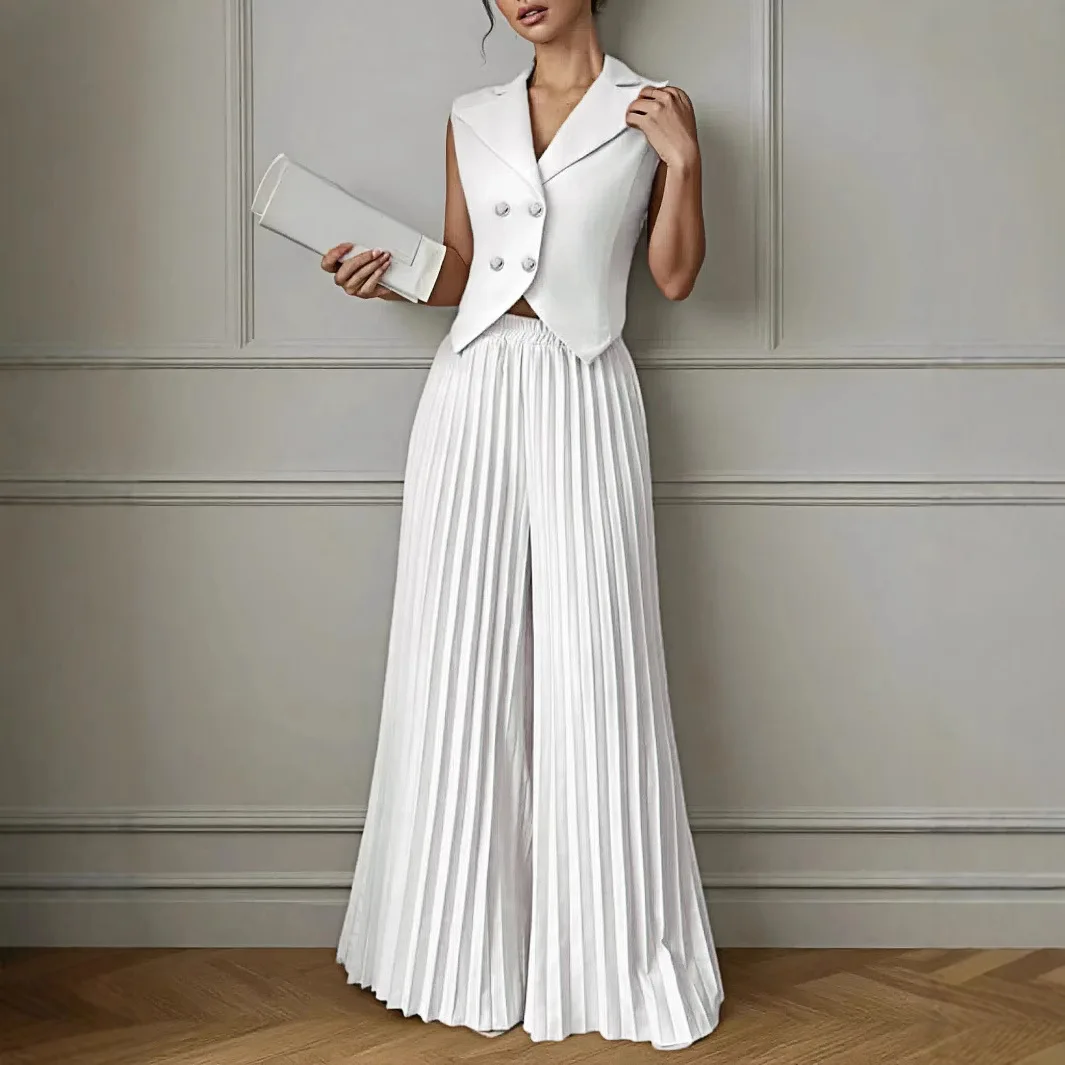 

2 Piece Set Women Summer Double Breasted Vest Jackets Top Elastic Waist Pleated Long Pants Suits Office Lady Elegant Trousers