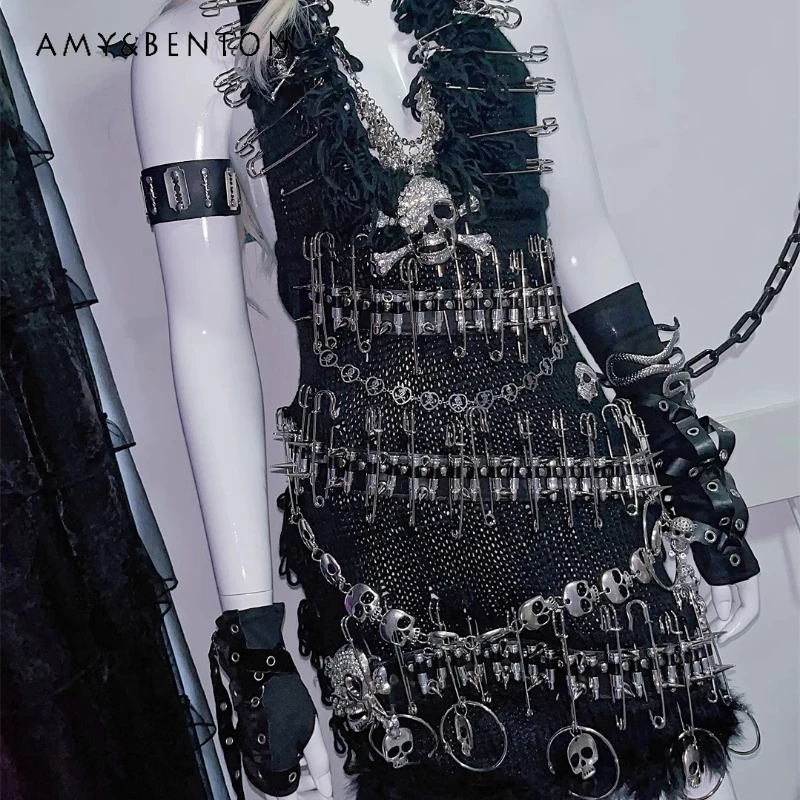 

Original European American Knitted Backless Sexy Halter Women's Dress 2025 New Metal Decoration Sweet Cool Sling Dresses Ladies