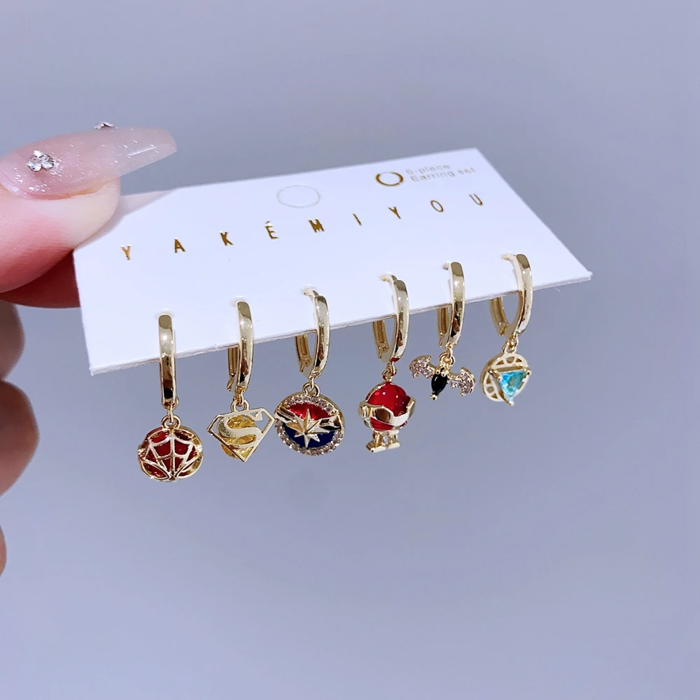 6pcs/Set Cool Mixed Movie Hero Pendants Huggie Hoop Earrings for Women Gold Color Zircon Crystal Jewelry