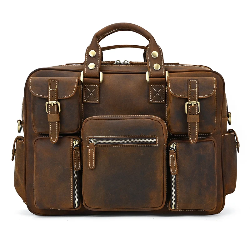 Imagem -02 - Maleta de Couro Genuíno para Homens Couro Maluco Vintage Bolsa Grande para Laptop Bolsa de Negócios Bolsa de Viagem Bolsa de Couro