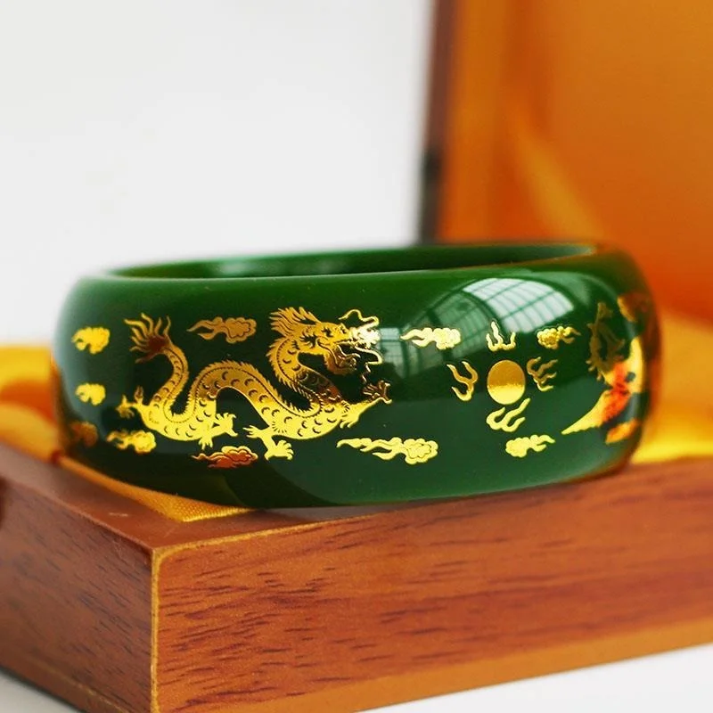 Xinjiang Hetian Jade Jasper Bracelet Longfeng Chengxiang Widens and Thickens Spinach Green Jade Bracelet