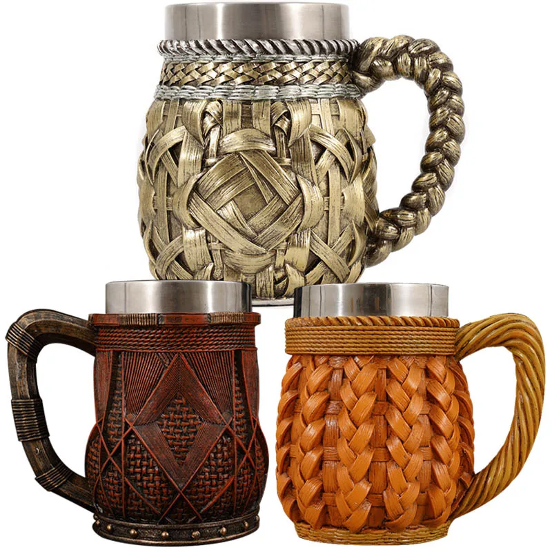 Stainless Steel Tankard Artificial Plant Bamboo Woven Resin Mug Tumbler Retro Medieval Wooden Barrel Cup