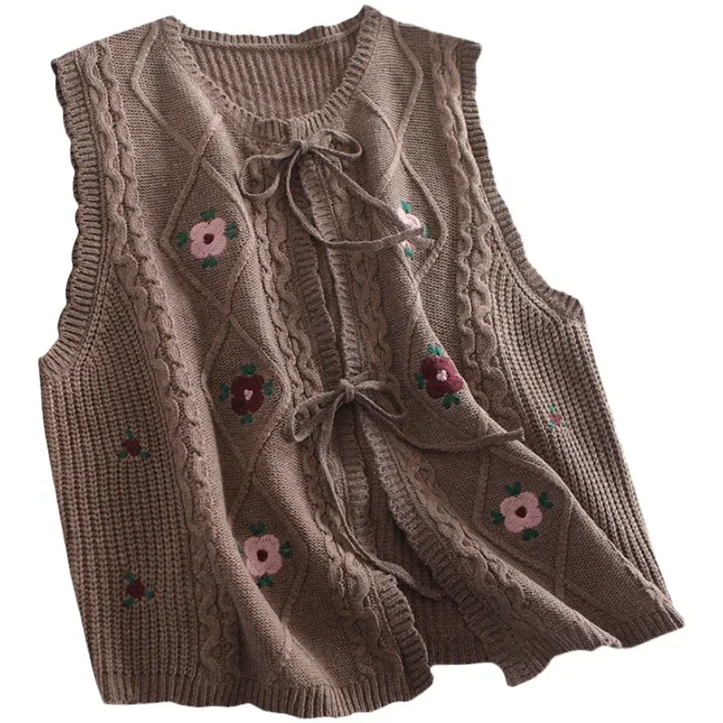 Kimotimo Embroidery Knit Vest Women Autumn Versatile O-neck Lace Up Sleeveless Cardigan French Retro Art Sweater Waistcoat