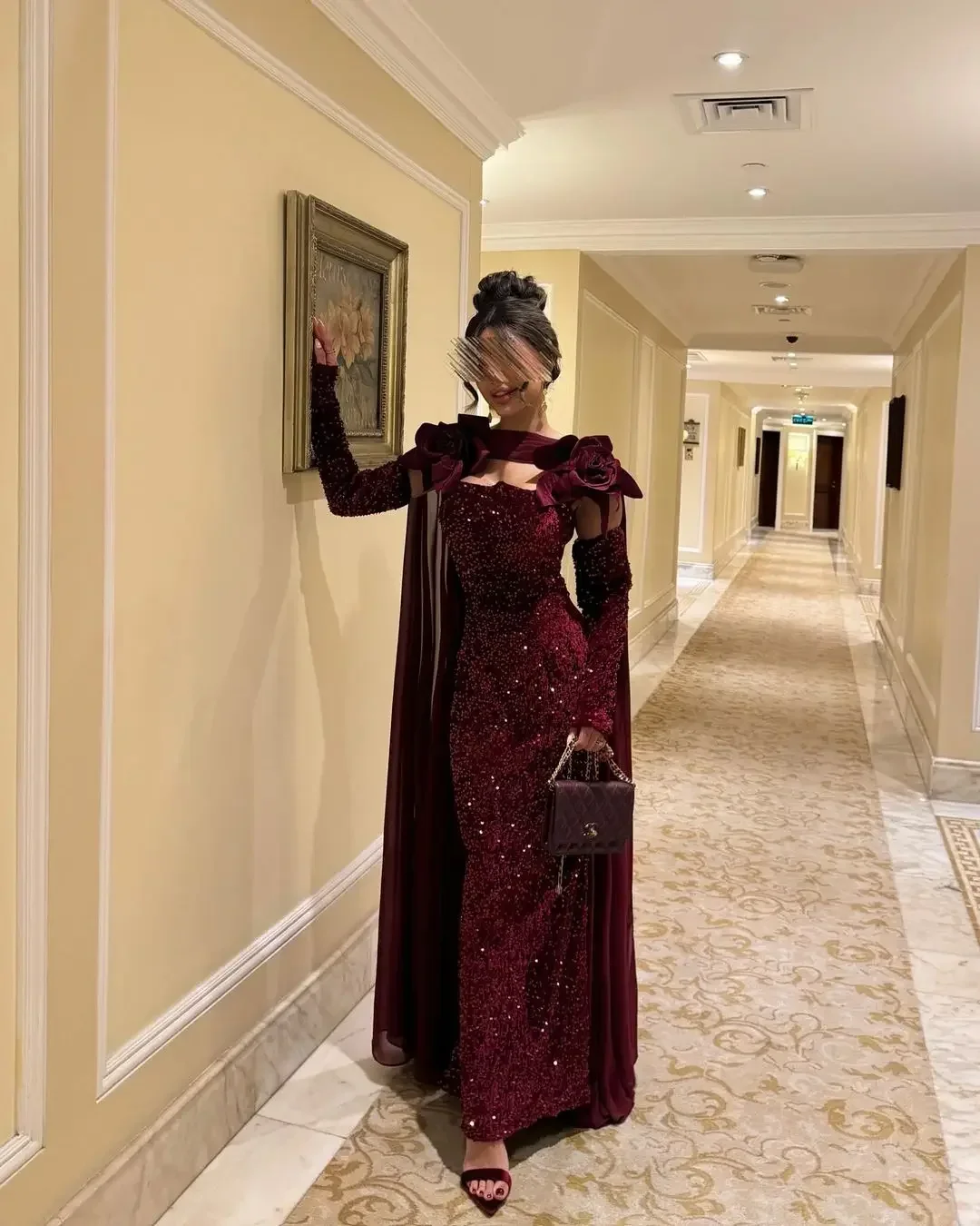 

Arabia Customized Long Sleeves Prom Dresses Strapless Pleated Sequins Flowers Ankle Length Evening Dresses Formal Party Dresses