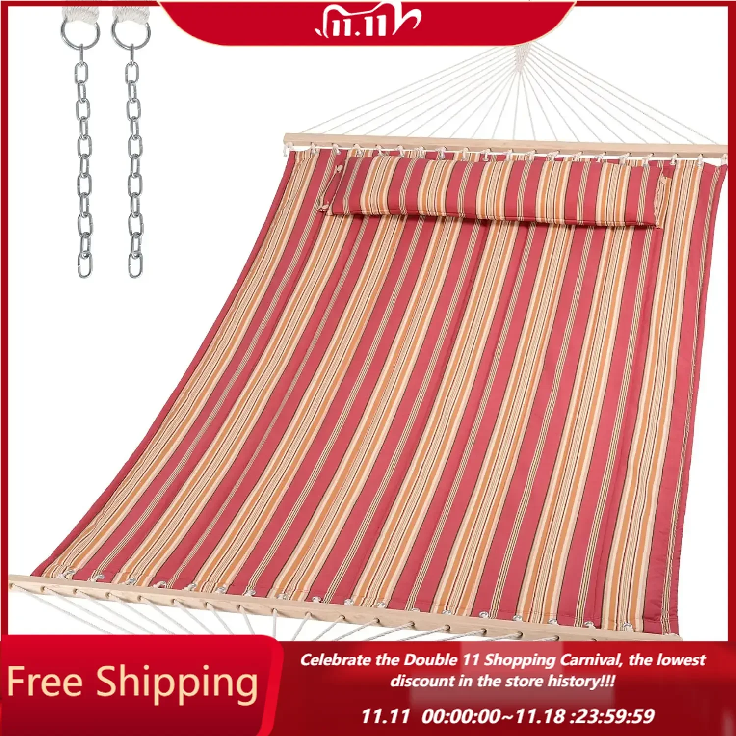 

Double Hammock Quilted Fabric Swing with Spreader Bar, Detachable Pillow, 55” x79” Large Hammock, Red Stripes